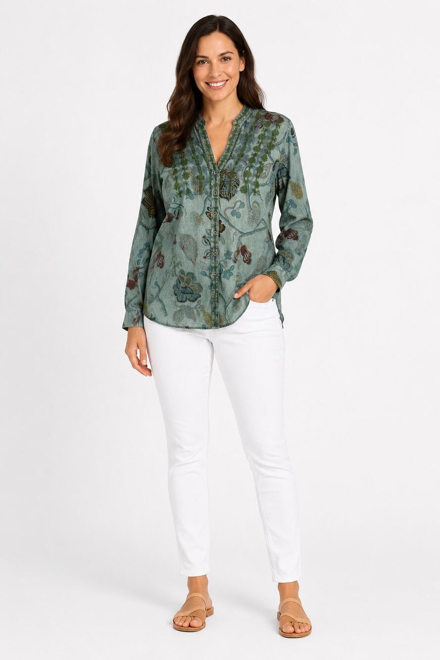 Vintage Goa Embroidered Long Sleeve Button Front Shirt Basil Womens Medium New